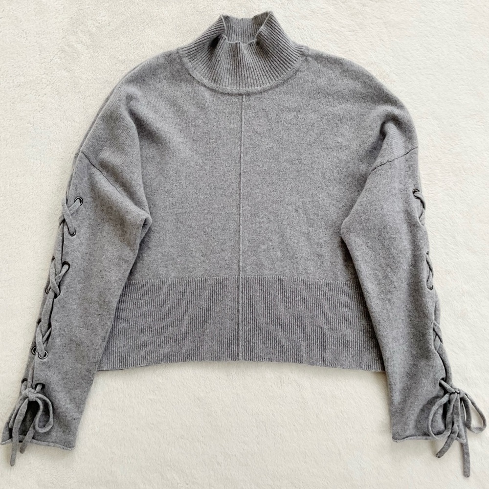 Whistles 100% Merino Wool Boxy Cropped Lace Up Sleeve Sweater Grey Large